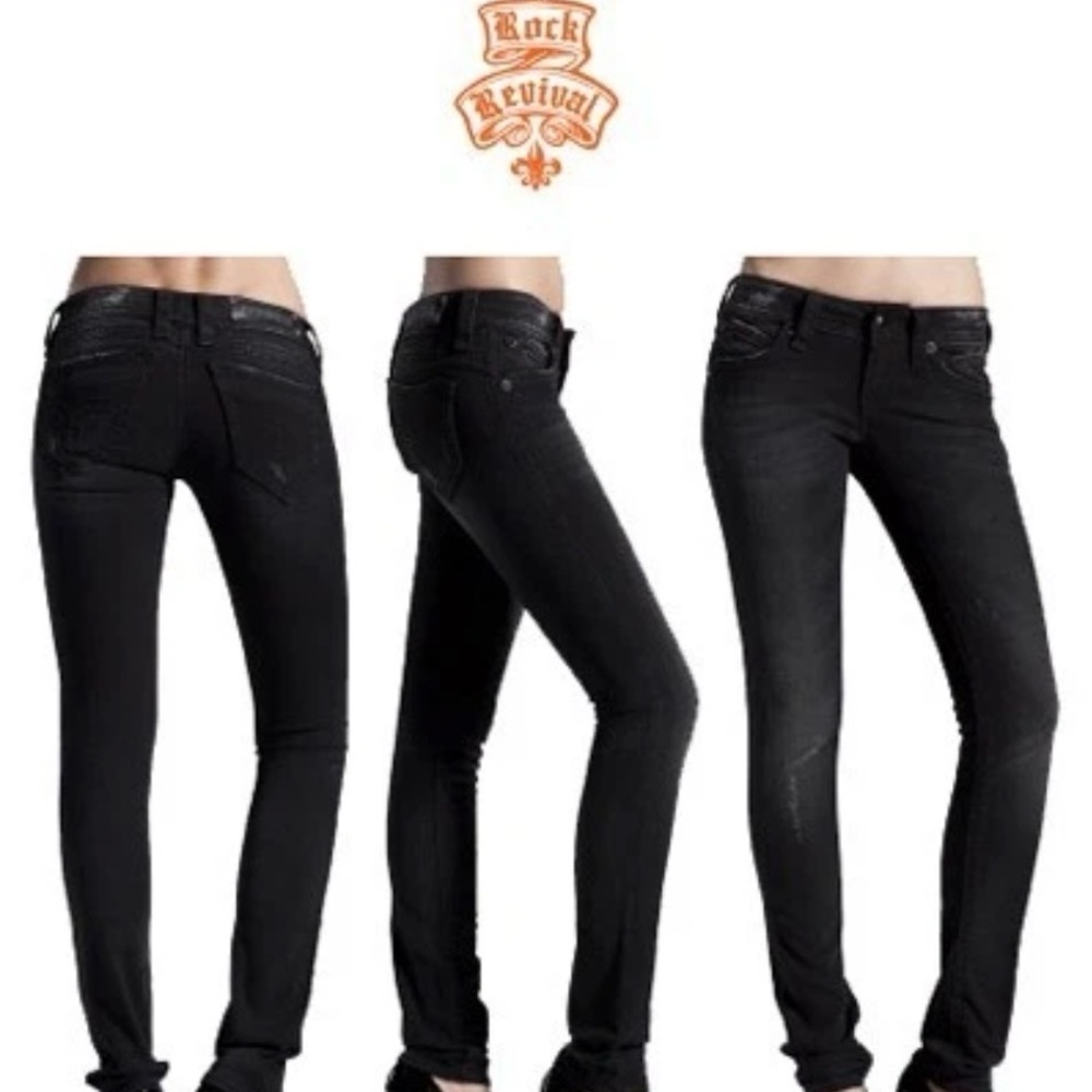 ROCK REVIVAL BLACK AMY SKINNY EMBELLISHED DISTRESSED DENIM POCKETS JEANS SIZE 29